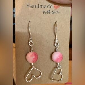 Porcelain Bead Elegant Pink and Silver Dangle Earrings Sterling Silver